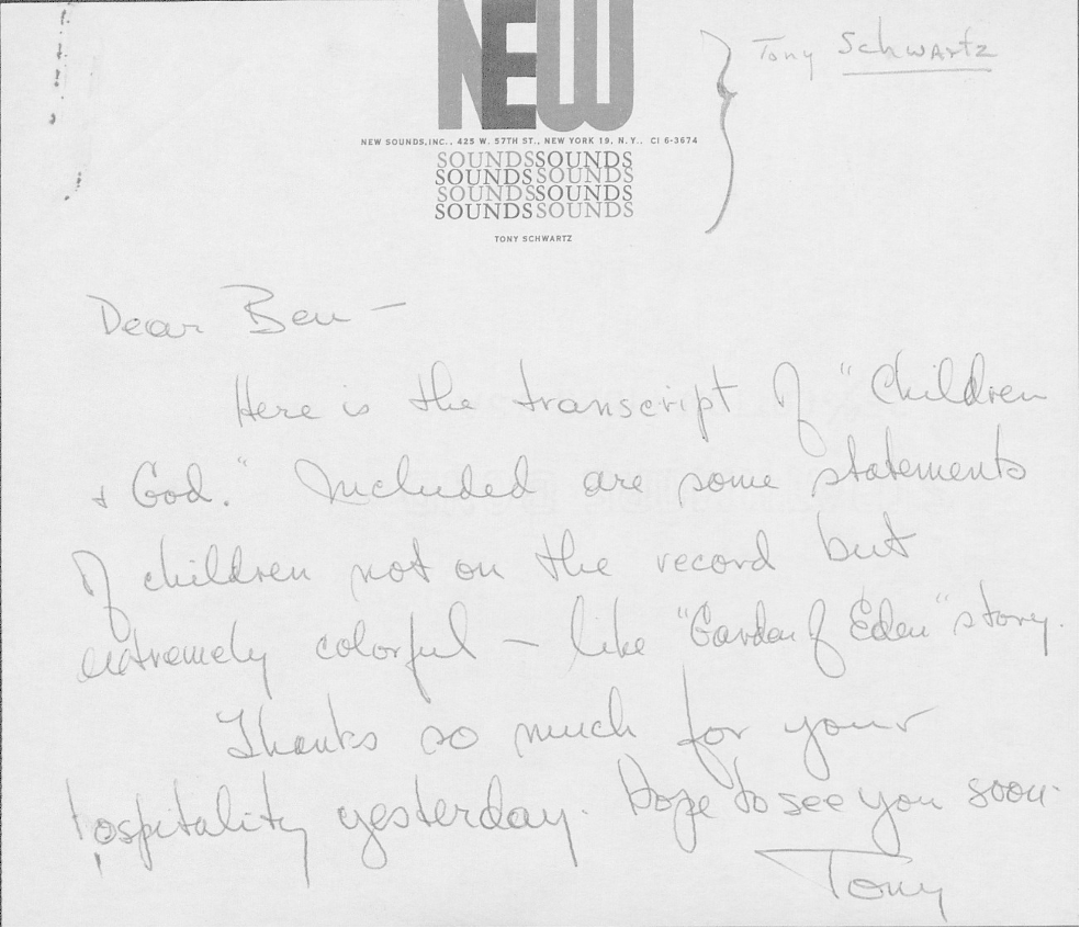 Tony Schwartz, Letter to Ben Shahn (Archives of American Art).