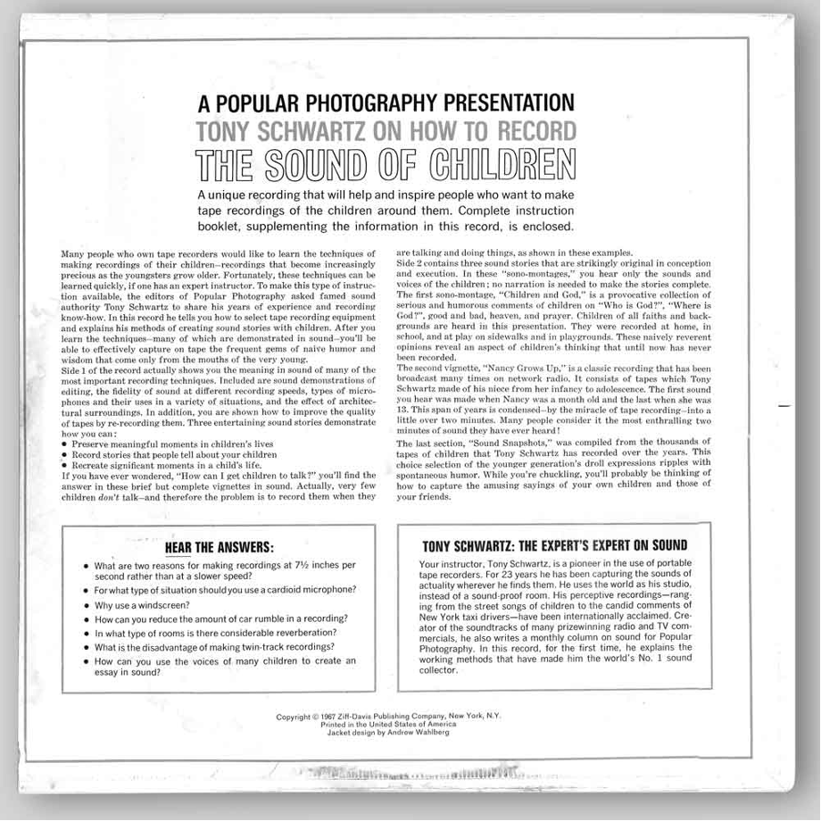 Back of Tony Schwartz, A Popular Photography Presentation: Tony Schwartz on How to Record the Sound of Children. Capital Custom, 1967 (source: Continuo).