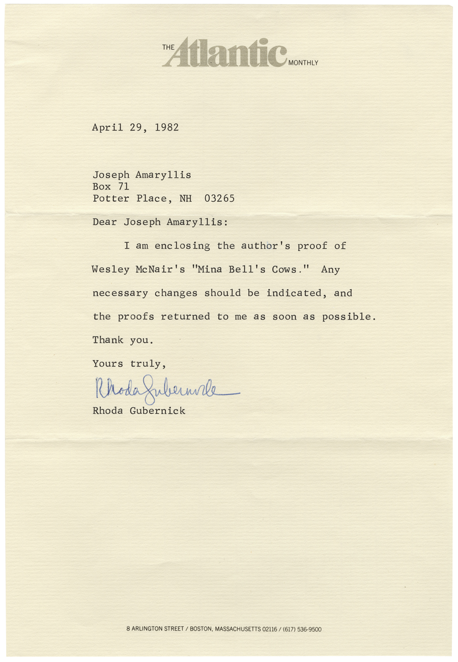 Letter from The Atlantic to Hall, April 29, 1982, Page 1, Colby College Special Collections