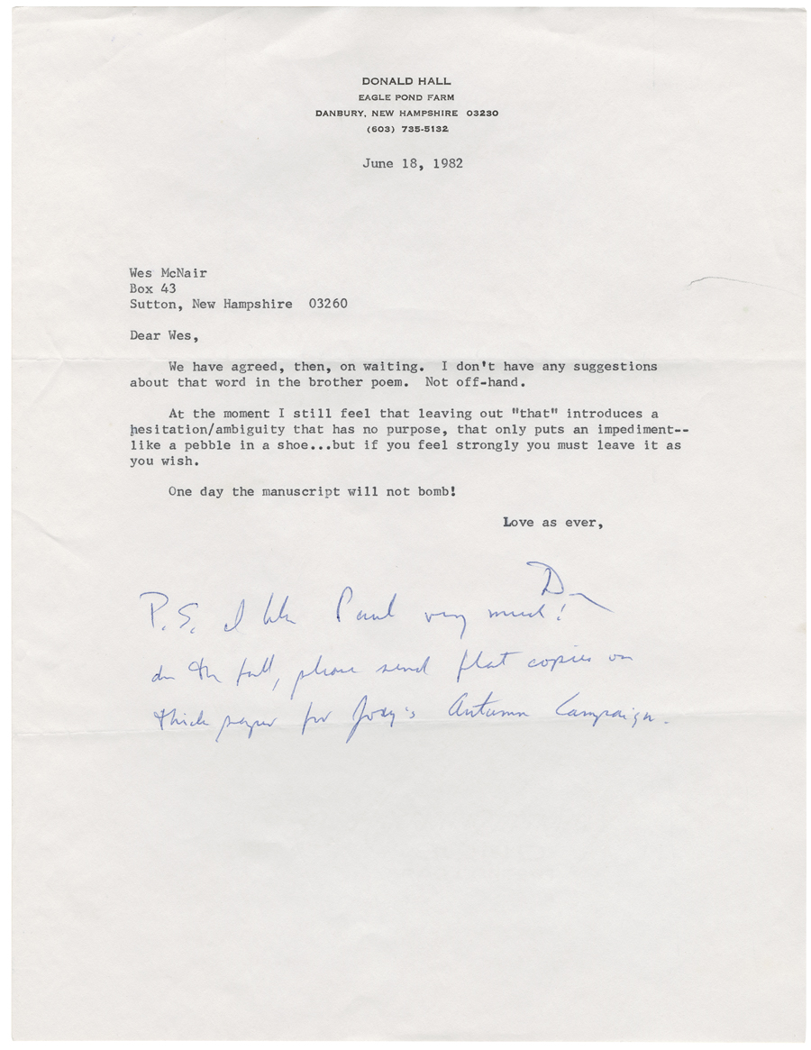 Letter from Hall to McNair, June 18, 1982, Colby College Special Collections