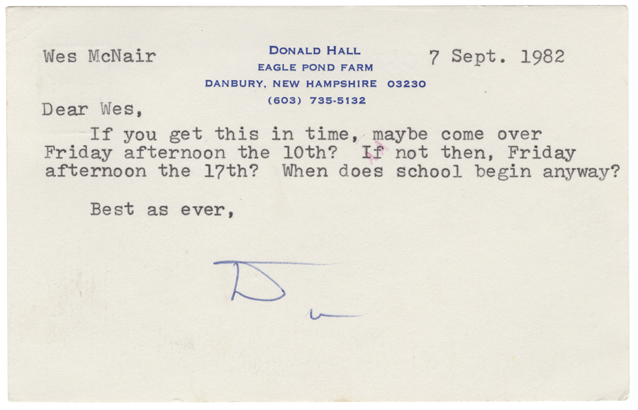 Letter from Hall to McNair, September 7, 1982, Page 1, Colby College Special Collections