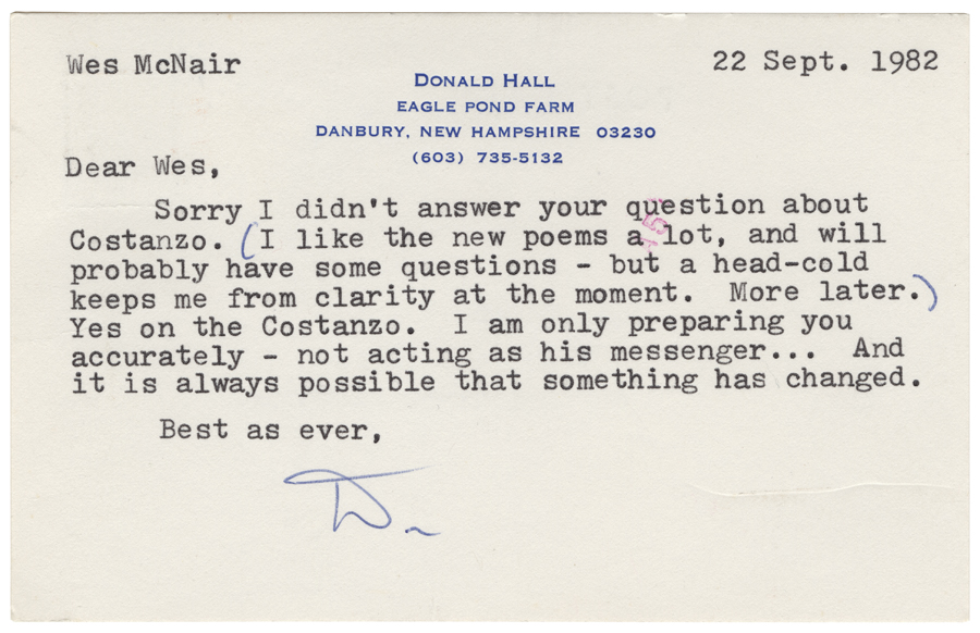 Letter from Hall to McNair, September 22, 1982, Page 1, Colby College Special Collections