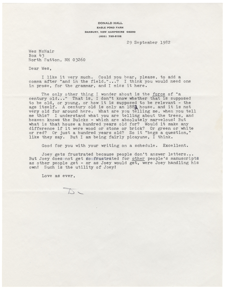 Letter from Hall to McNair, September 29, 1982, Colby College Special Collections