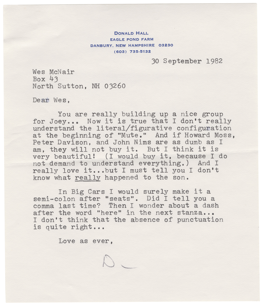 Letter from Hall to McNair, September 30, 1982, Page 1, Colby College Special Collections