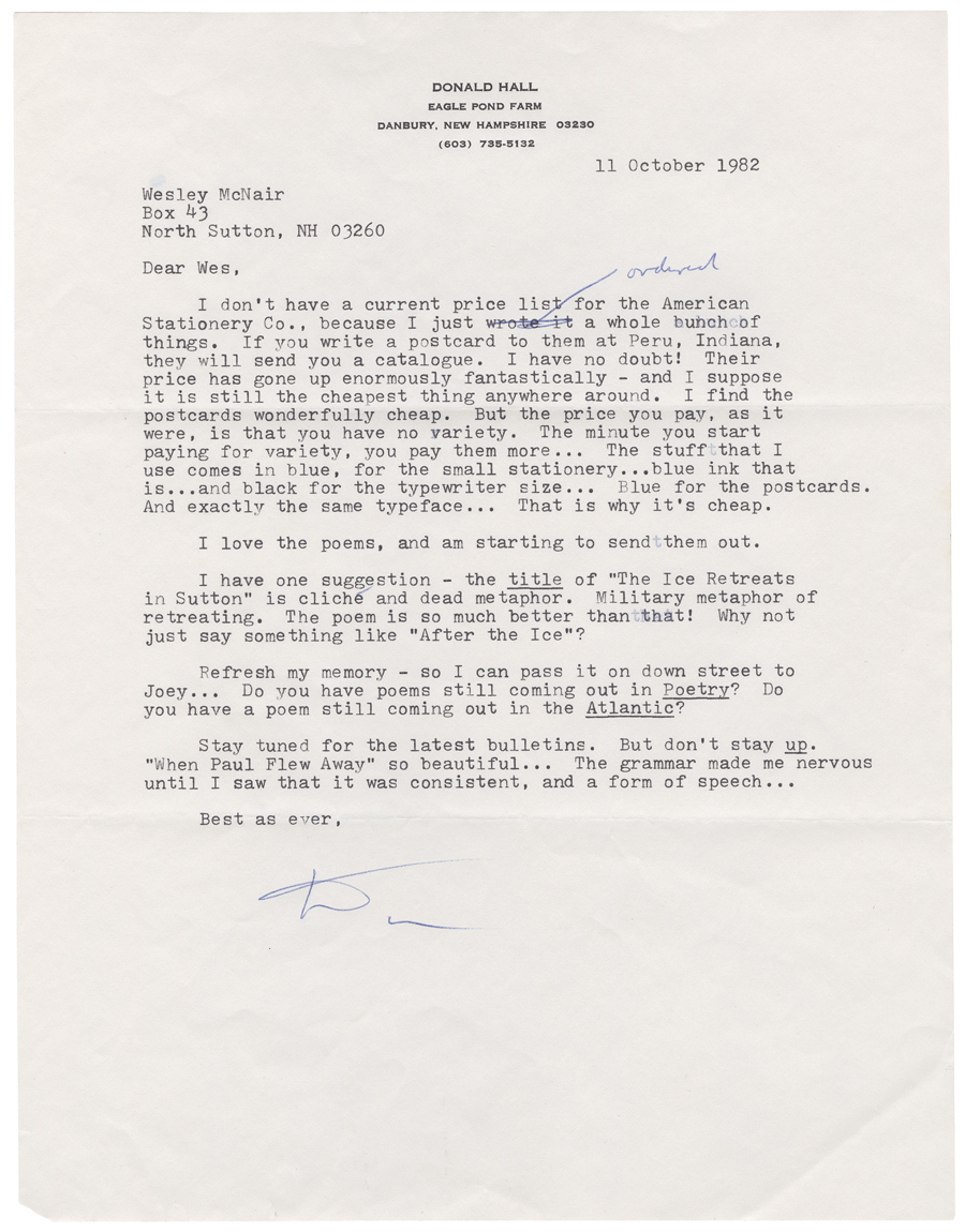 Letter from Hall to McNair, October 11, 1982, Colby College Special Collections