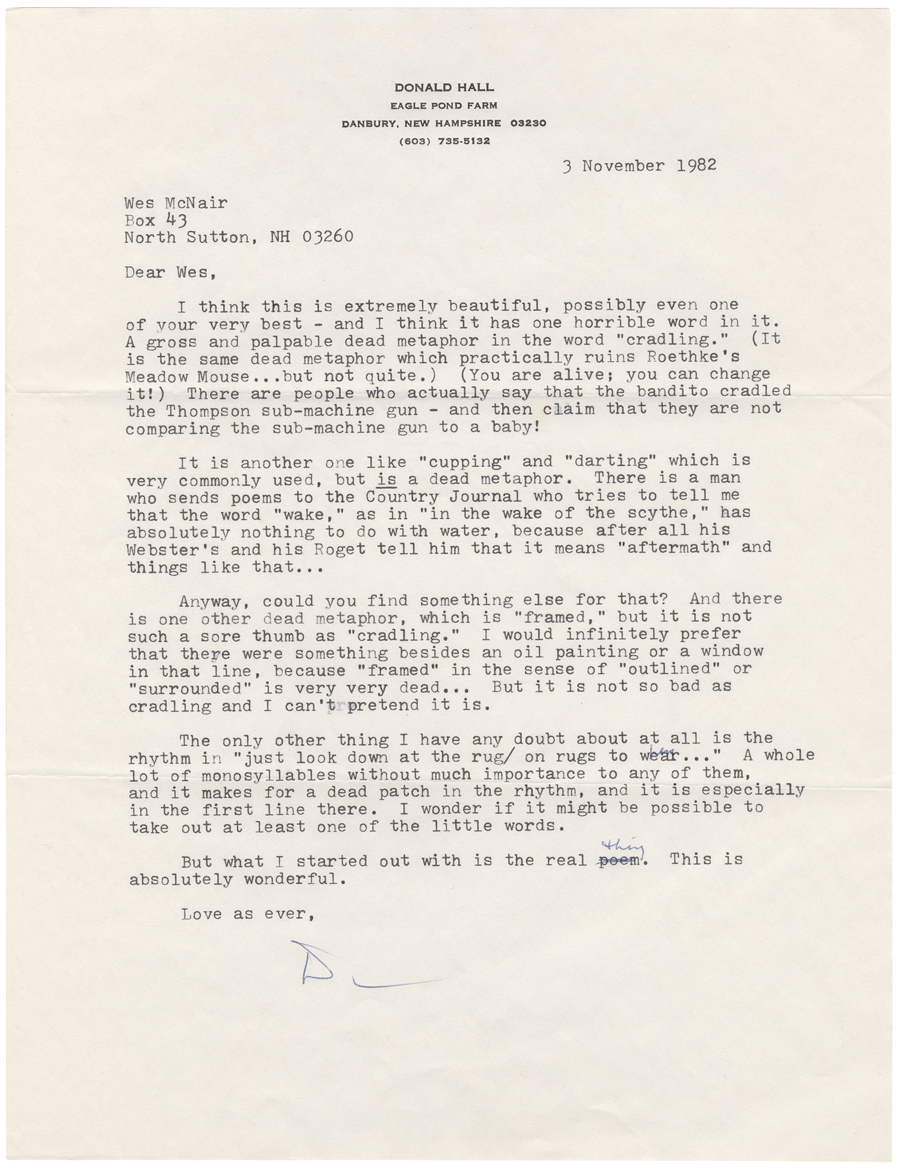Letter from Hall to McNair, November 3, 1982, Colby College Special Collections