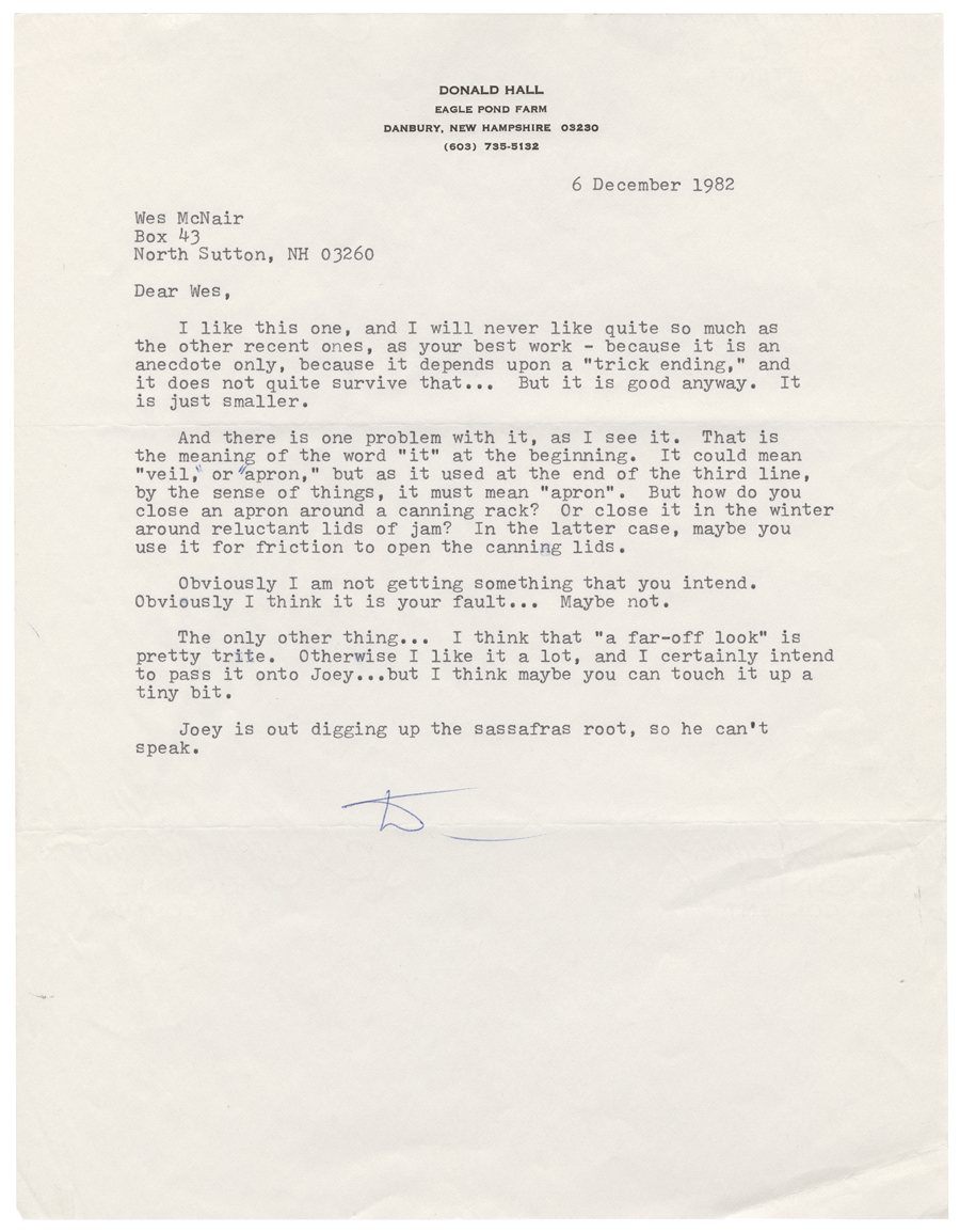 Letter from Hall to McNair, December 6, 1982, Colby College Special Collections