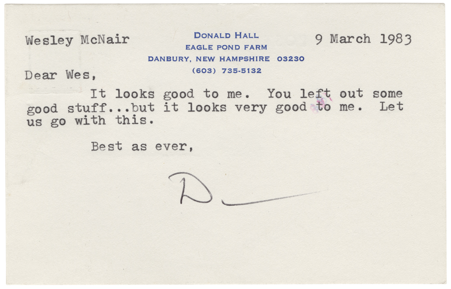Letter from Hall to McNair, March 9, 1983, Page 1, Colby College Special Collections
