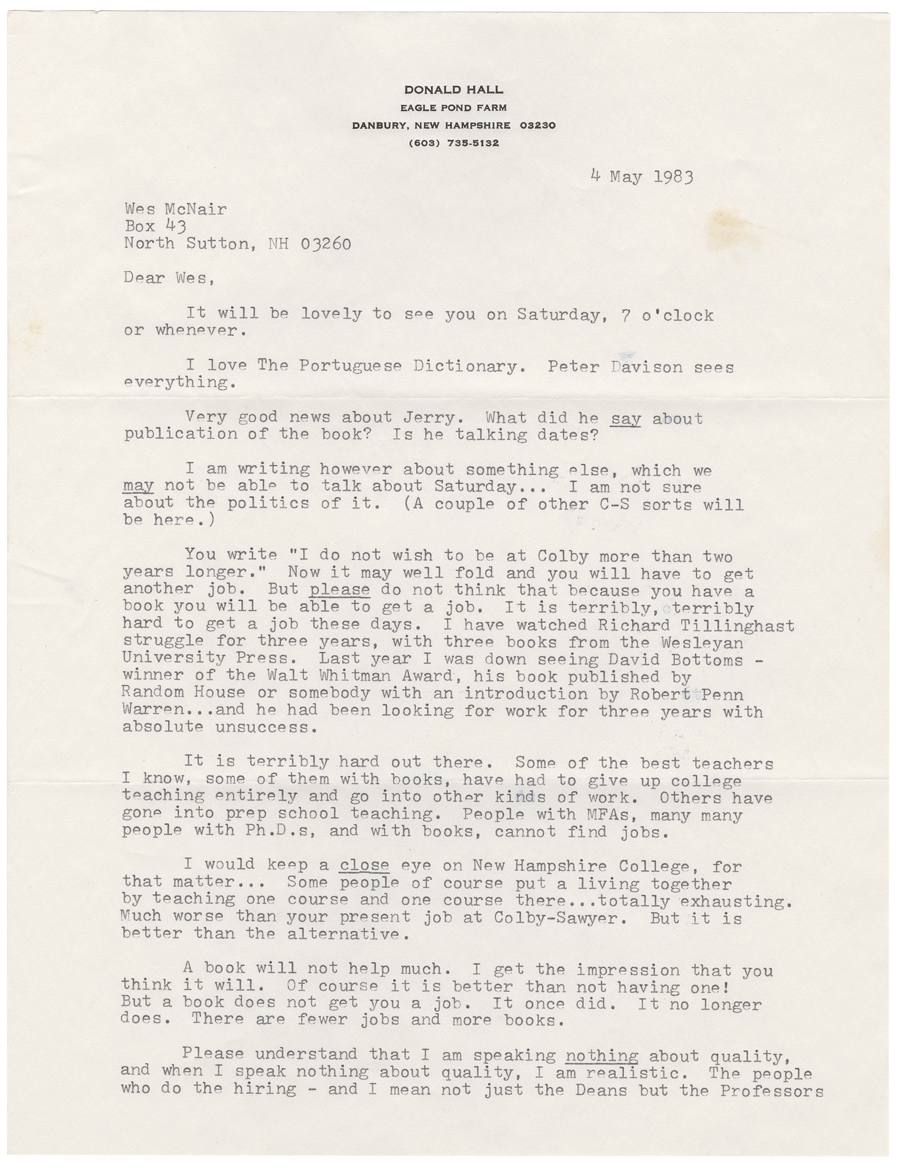 Letter from Hall to McNair, May 4, 1983, Page 1, Colby College Special Collections