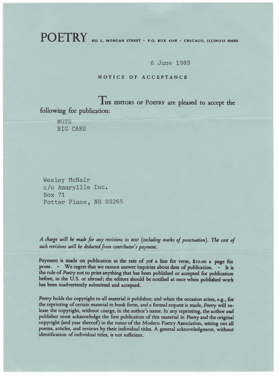 Letter from Poetry to McNair, June 6, 1983, Colby College Special Collections