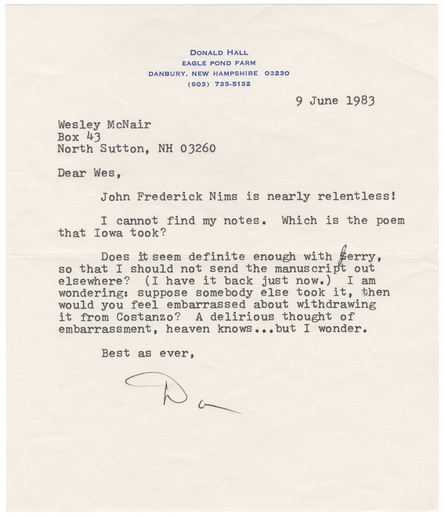 Letter from Hall to McNair, June 9, 1983, Colby College Special Collections