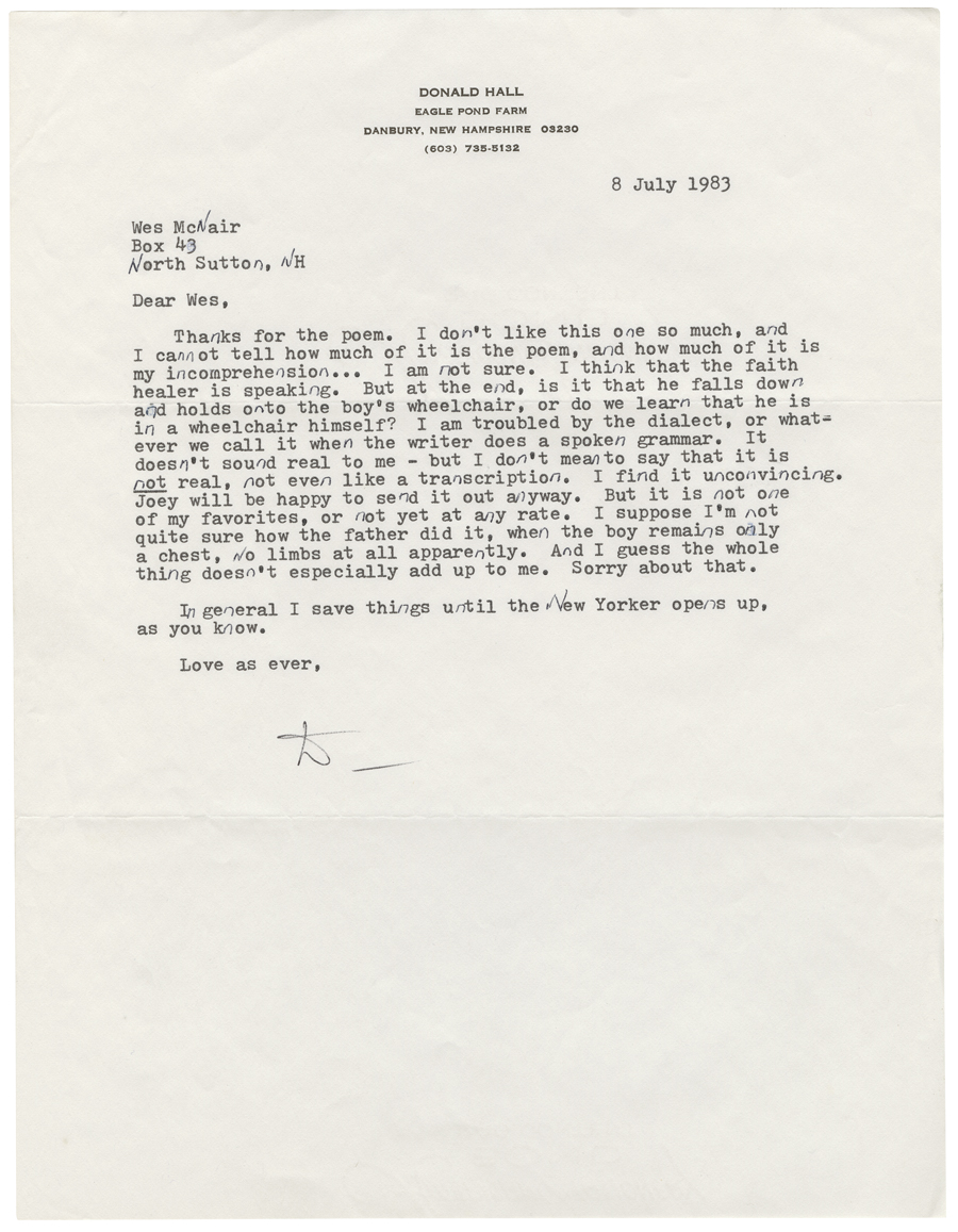 Letter from Hall to McNair, July 8, 1983, Colby College Special Collections