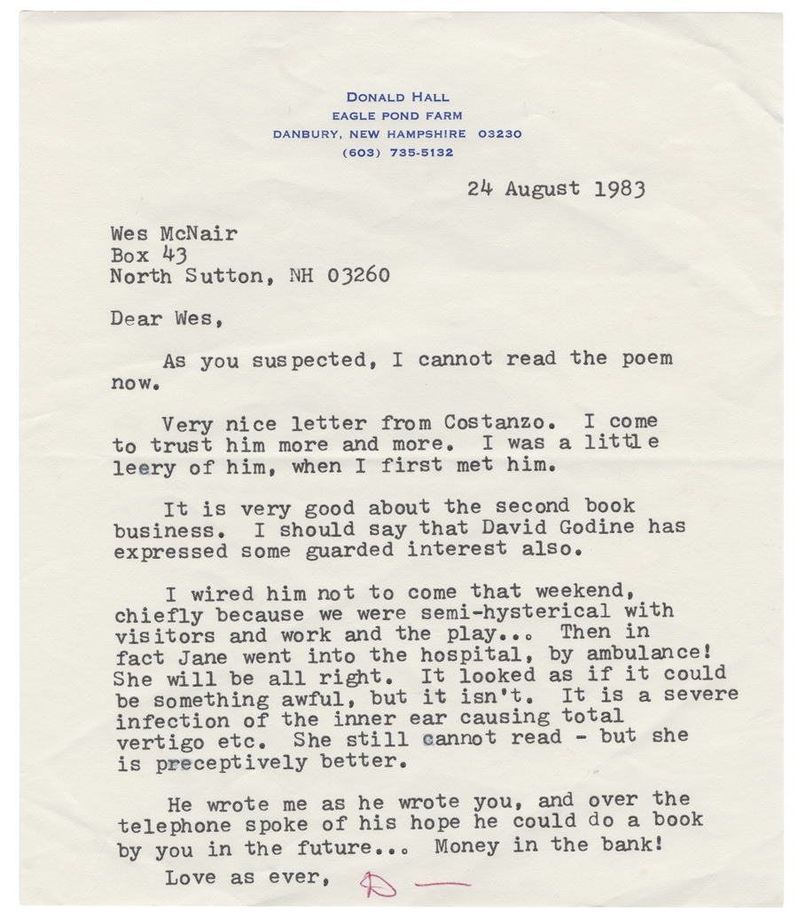 Letter from Hall to McNair, August 24, 1983, Colby College Special Collections