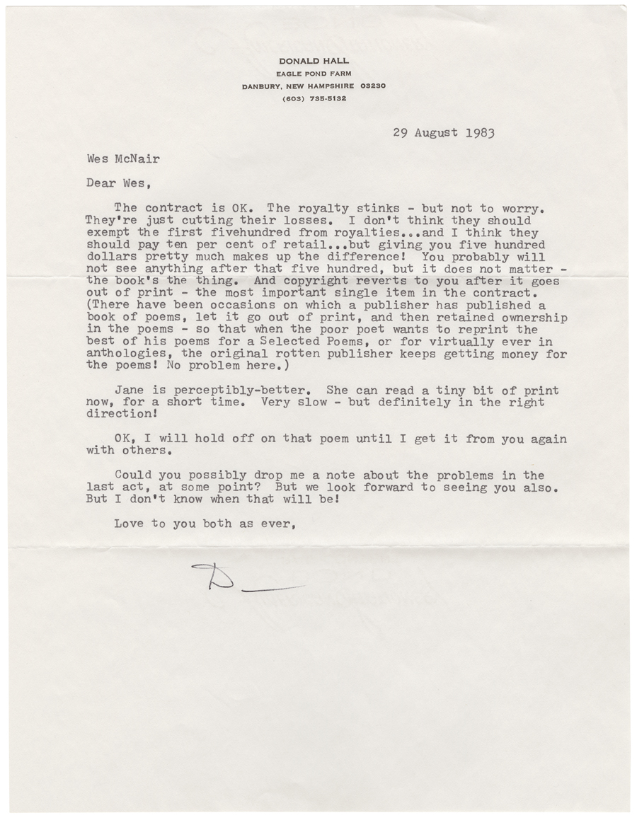Letter from Hall to McNair, August 29, 1983, Colby College Special Collections