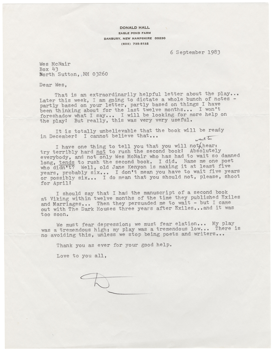Letter from Hall to McNair, September 6, 1983, Colby College Special Collections