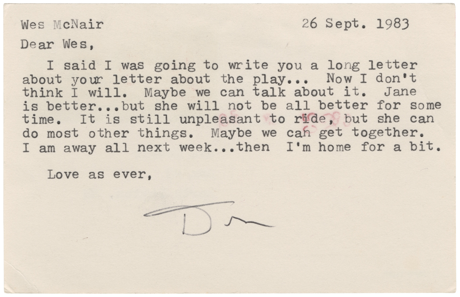 Letter from Hall to McNair, September 26, 1983, Page 1, Colby College Special Collections