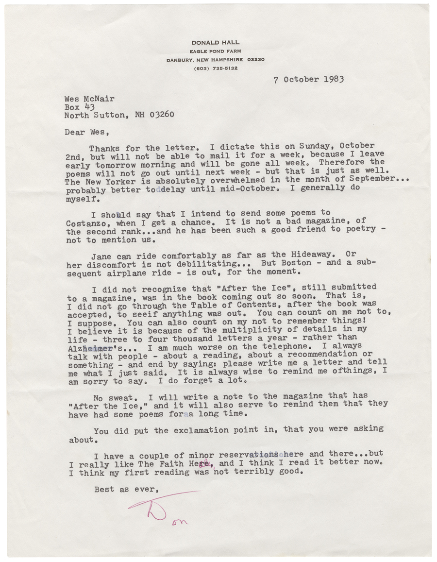 Letter from Hall to McNair, October 7, 1983, Colby College Special Collections