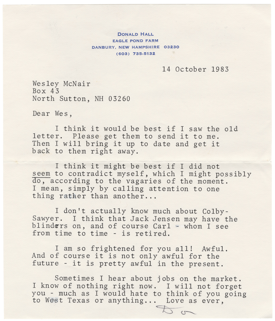 Letter from Hall to McNair, October 14, 1983, Colby College Special Collections