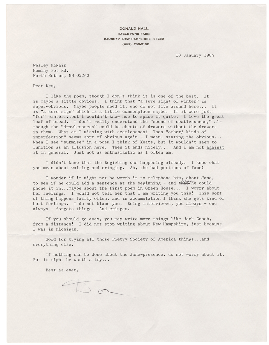Letter from Hall to McNair, January 18, 1984, Colby College Special Collections
