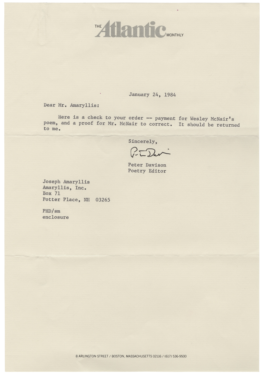 Letter from The Atlantic to Hall, January 24, 1984, Colby College Special Collections