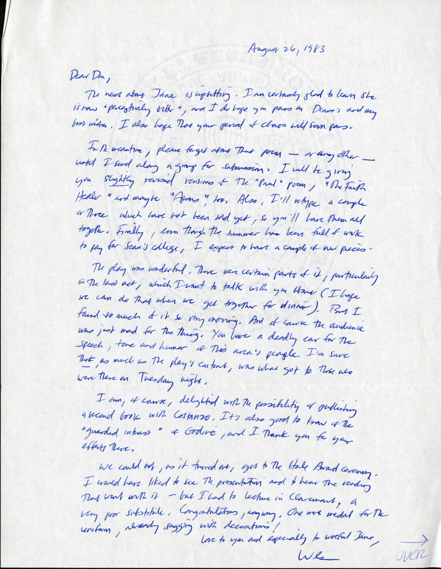 Letter from McNair to Hall, August 26, 1983, Page 1, Milne Special Collections and Archives, University of New Hampshire