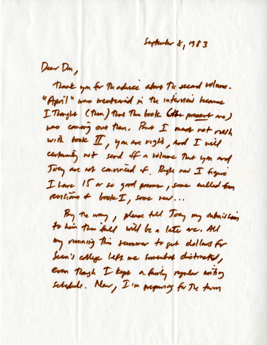 Letter from McNair to Hall, September 8, 1983, Page 1, Milne Special Collections and Archives, University of New Hampshire