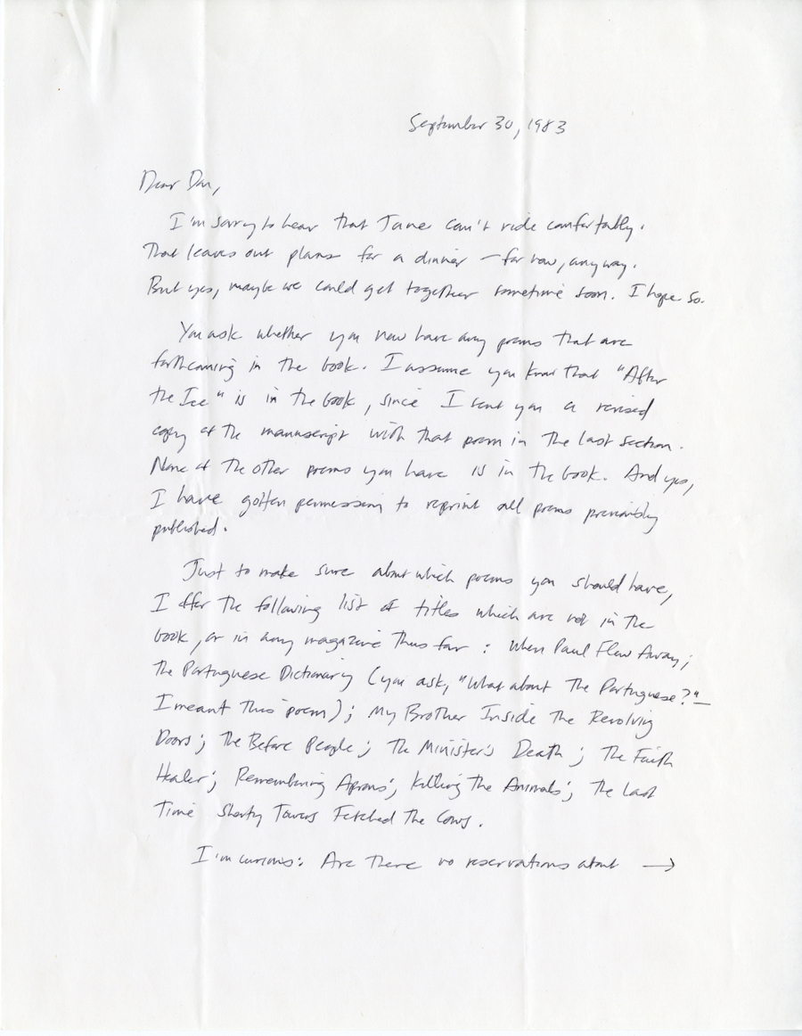 Letter from McNair to Hall, September 30, 1983, Page 1, Milne Special Collections and Archives, University of New Hampshire
