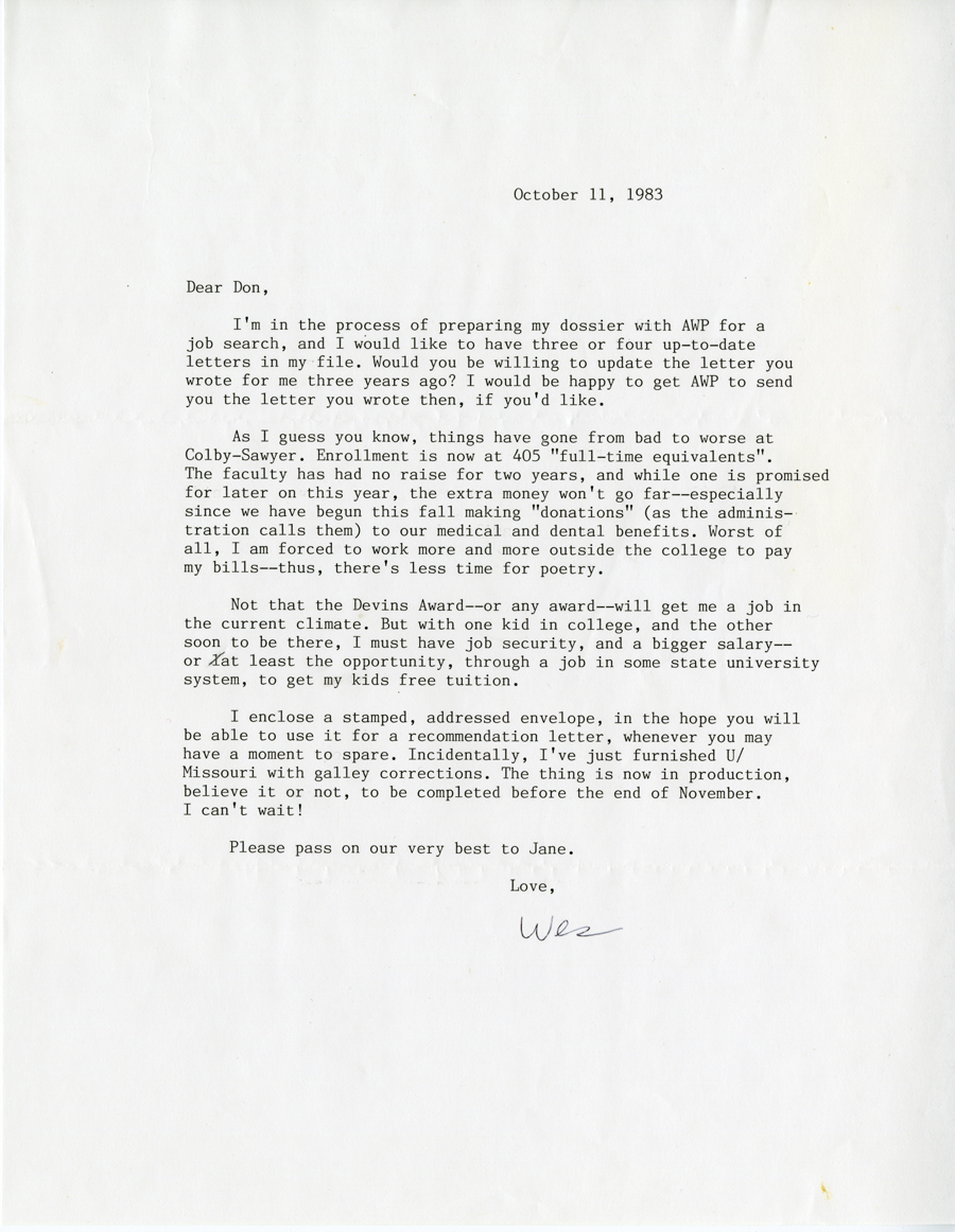 Letter from McNair to Hall, October 11, 1983, Milne Special Collections and Archives, University of New Hampshire