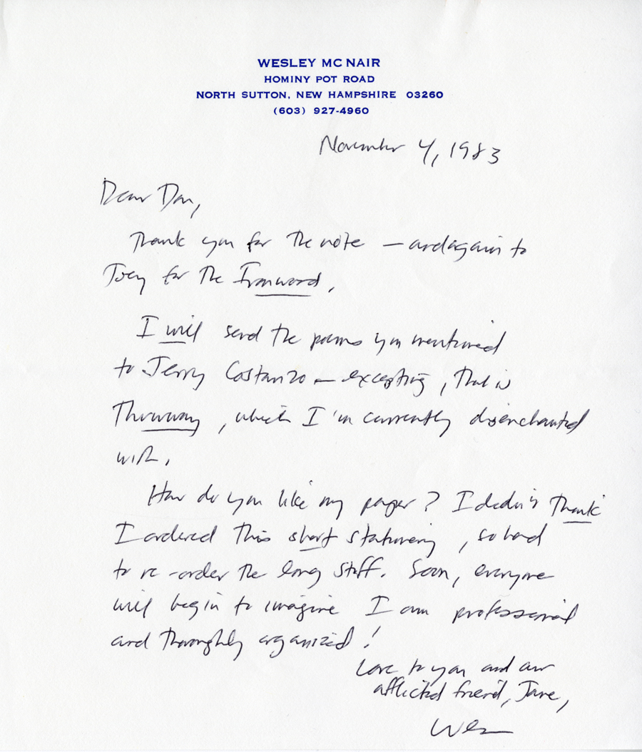 Letter from McNair to Hall, November 4, 1983, Milne Special Collections and Archives, University of New Hampshire