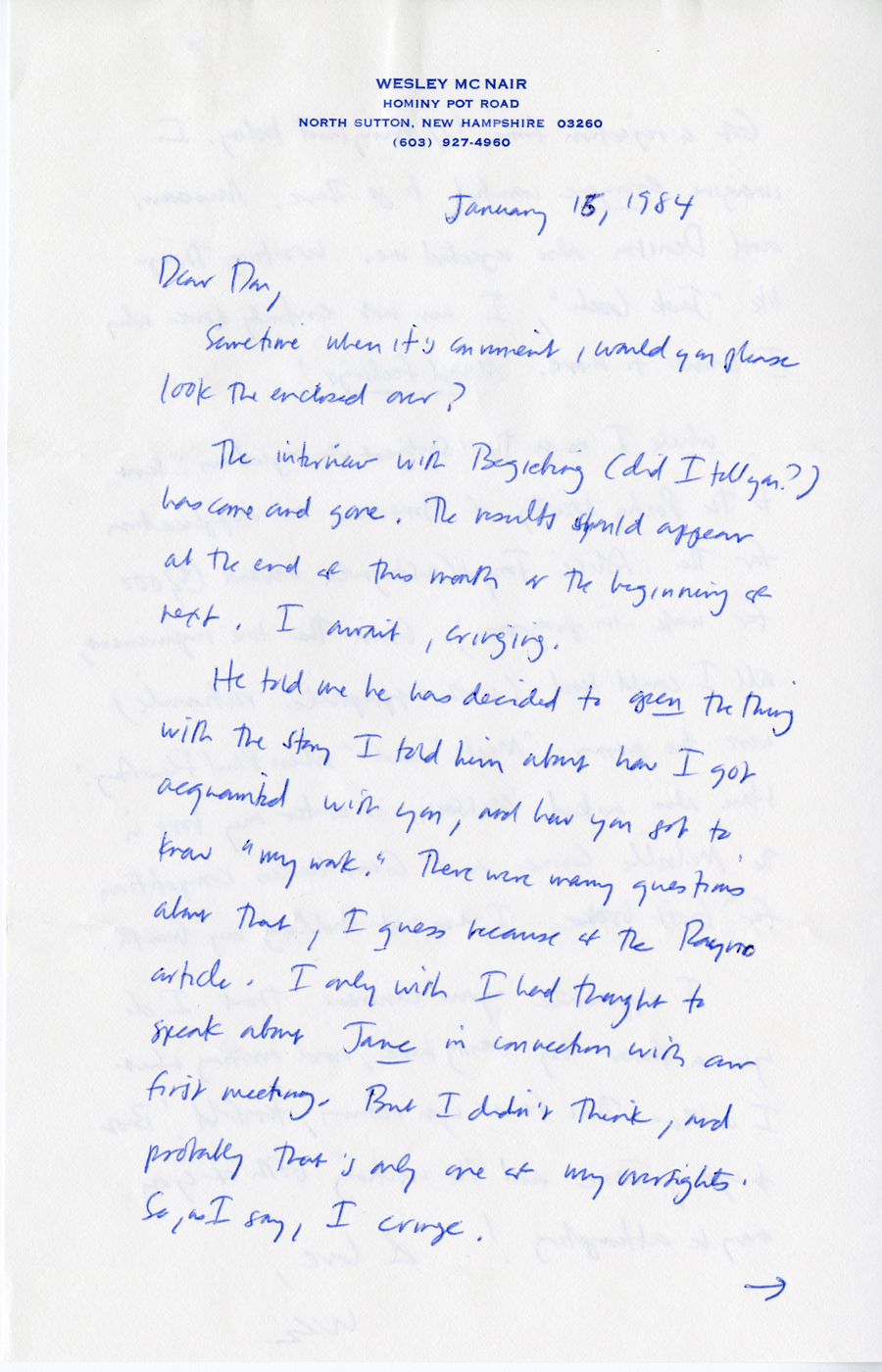 Letter from McNair to Hall, January 16, 1984, Page 1, Milne Special Collections and Archives, University of New Hampshire