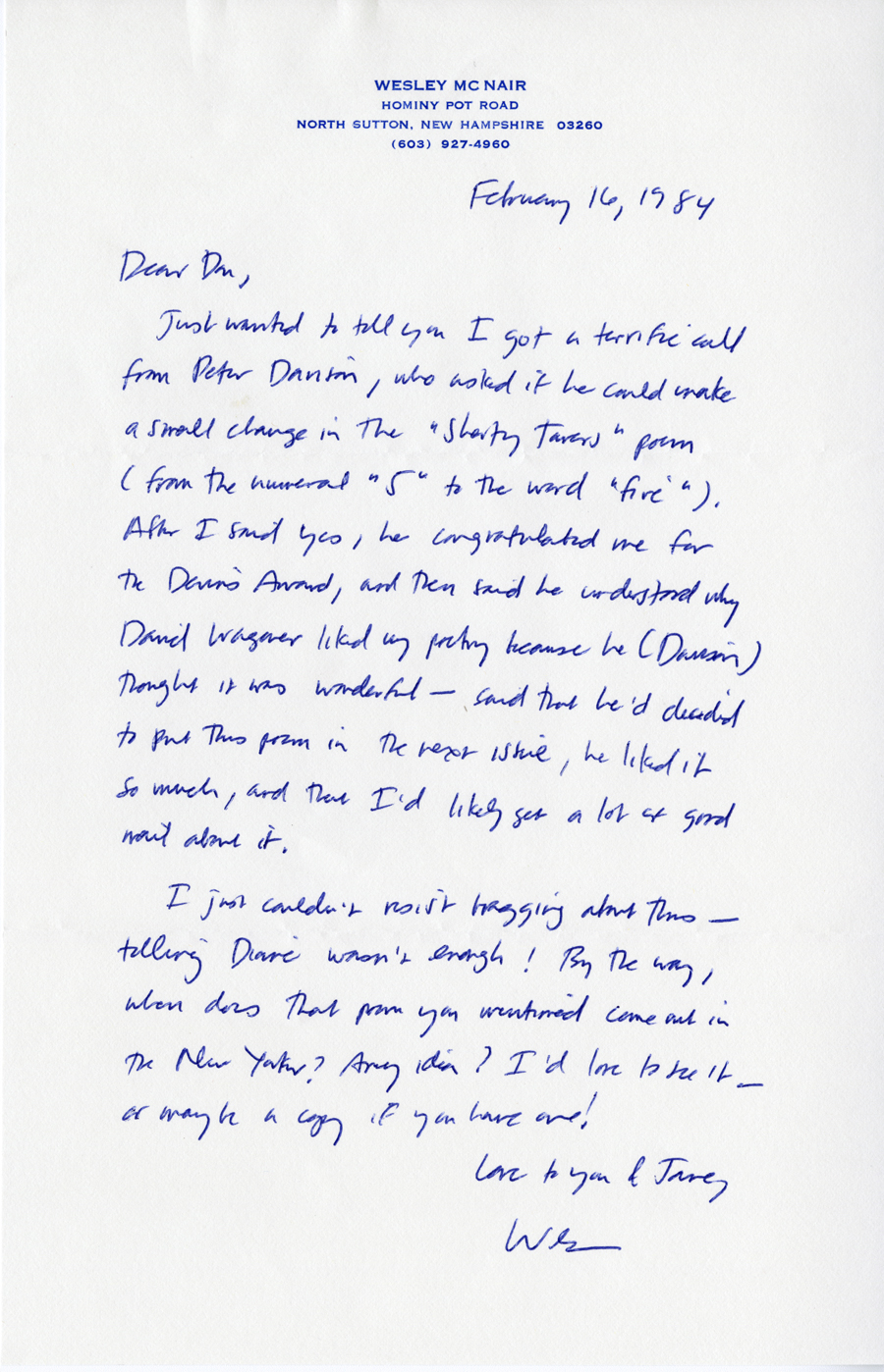 Letter from McNair to Hall, February 16, 1984, Milne Special Collections and Archives, University of New Hampshire
