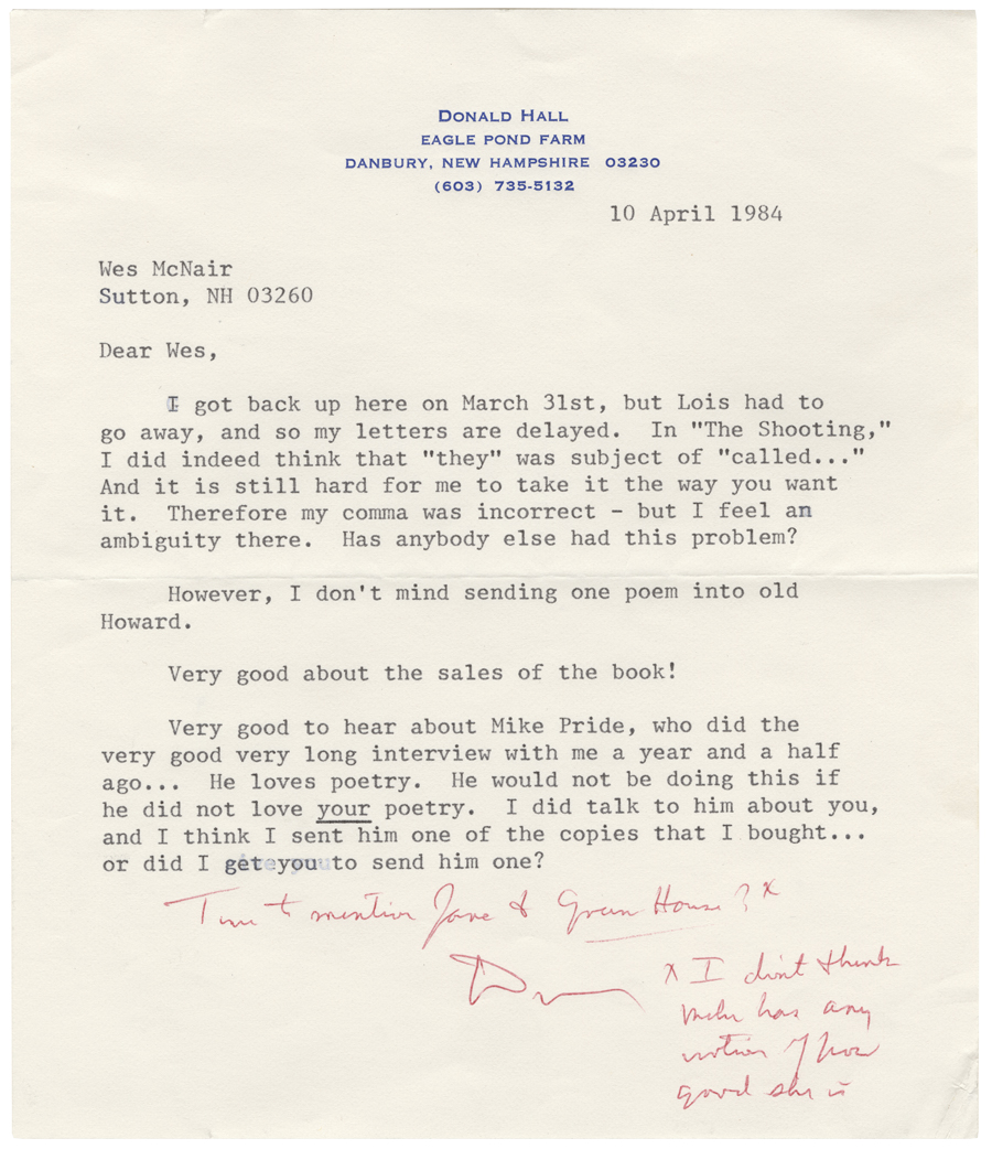 Letter from Hall to McNair, April 10, 1984, Colby College Special Collections