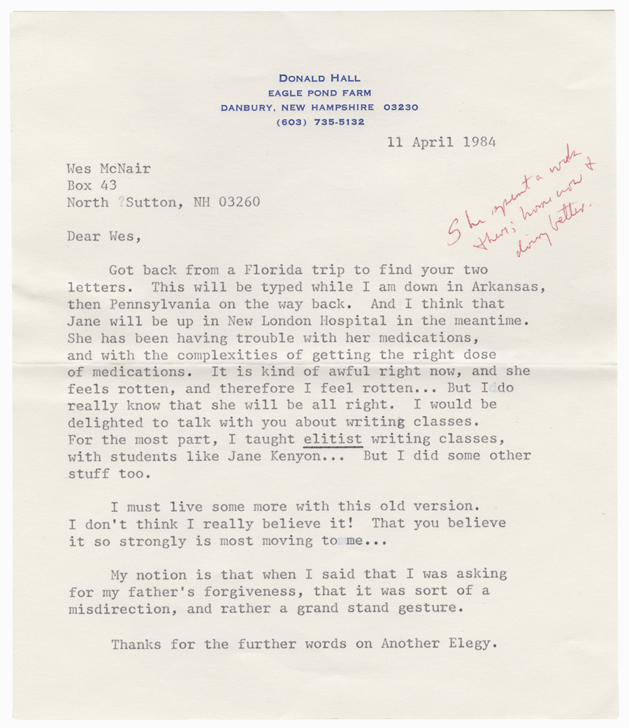 Letter from Hall to McNair, April 11, 1984, Page 1, Colby College Special Collections