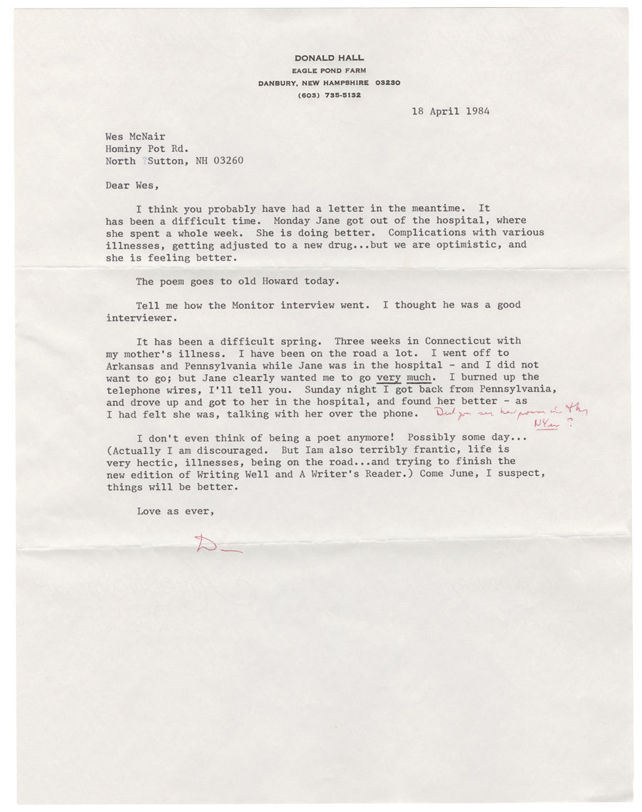 Letter from Hall to McNair, April 18, 1984, Colby College Special Collections