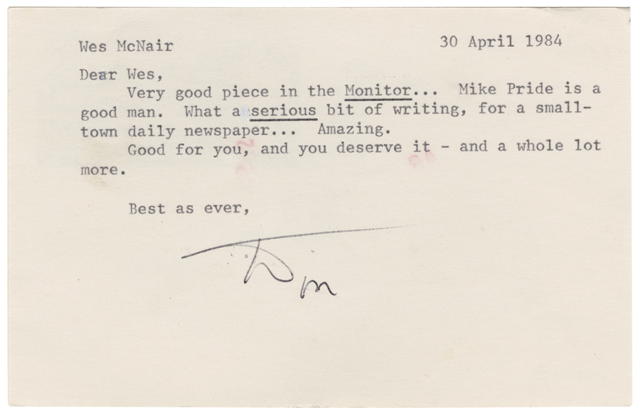Letter from Hall to McNair, April 30, 1984, Page 1, Colby College Special Collections