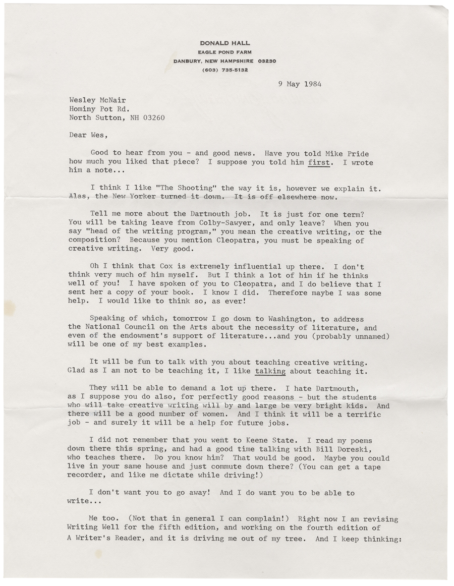 Letter from Hall to McNair, May 9, 1984, Page 1, Colby College Special Collections