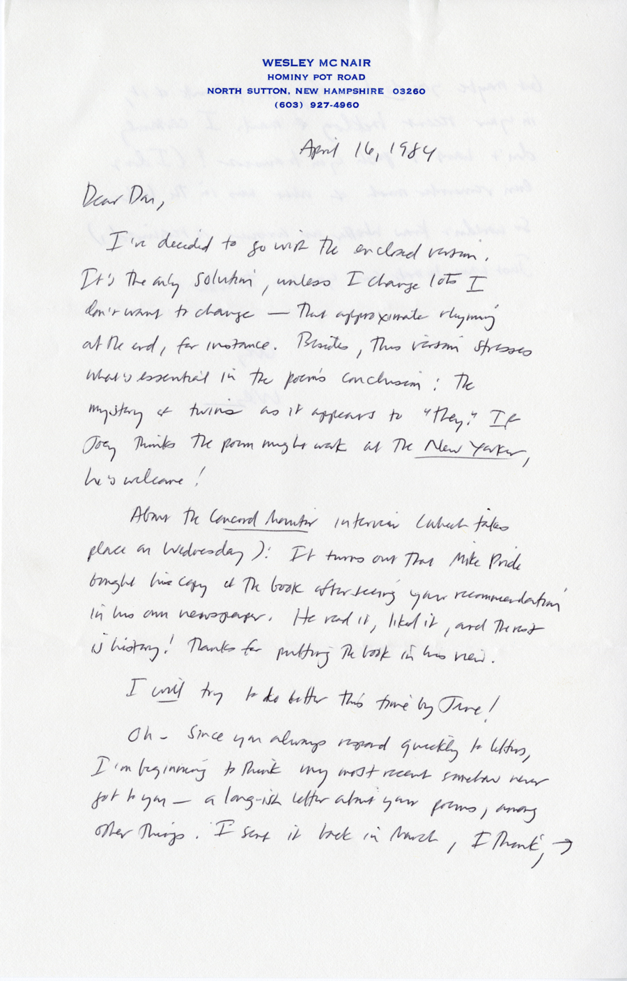 Letter from McNair to Hall, April 16, 1984, Page 1, Milne Special Collections and Archives, University of New Hampshire