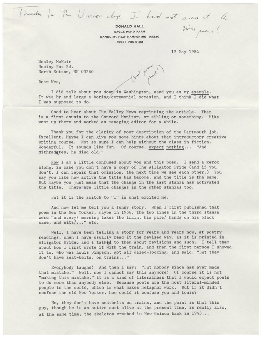 Letter from Hall to McNair, May 17, 1984, Page 1, Colby College Special Collections