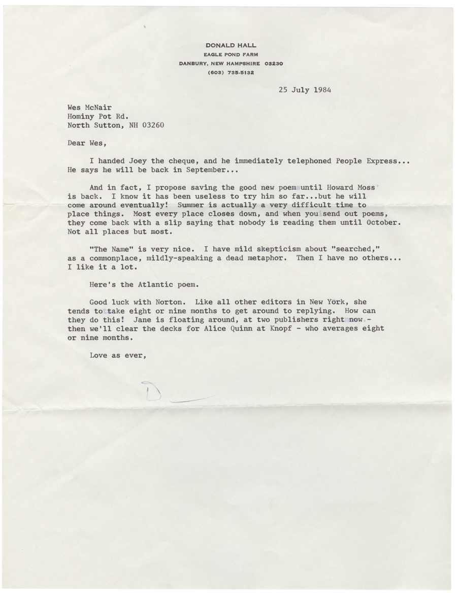 Letter from Hall to McNair, July 25, 1984, Colby College Special Collections