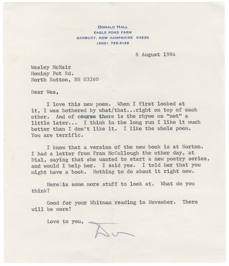 Letter from McNair to Hall, August 8, 1984, Colby College Special Collections