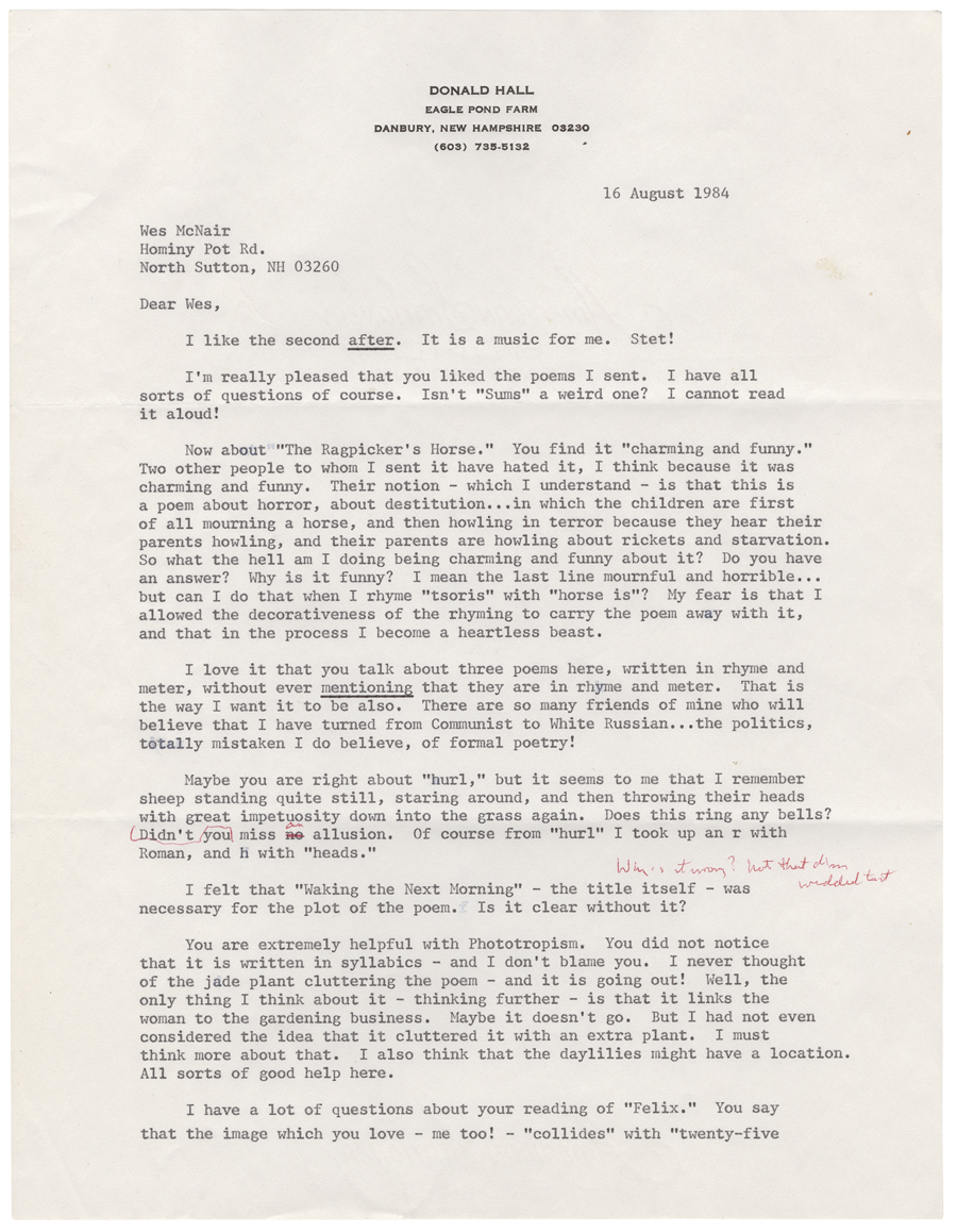 Letter from Hall to McNair, August 16, 1984, Page 1, Colby College Special Collections