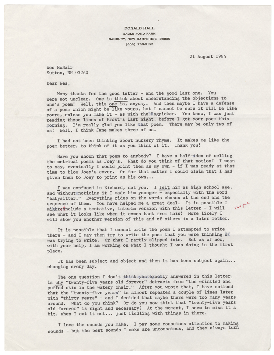 Letter from Hall to McNair, August 21, 1984, Page 1, Colby College Special Collections