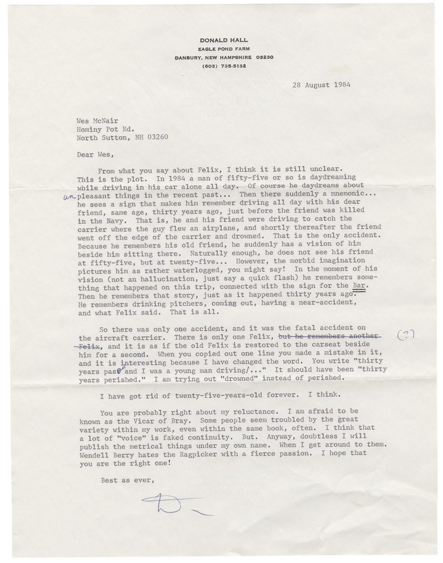 Letter from Hall to McNair, August 28, 1984, Colby College Special Collections