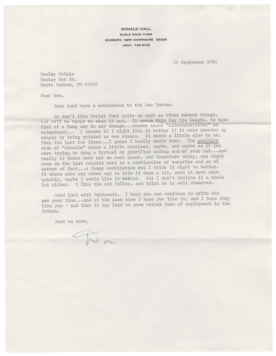 Letter from Hall to McNair, September 20, 1984, Colby College Special Collections