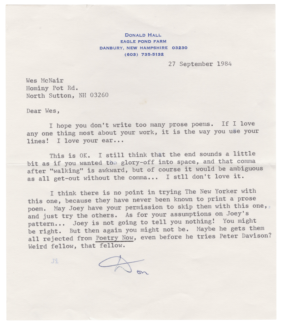 Letter from Hall to McNair, September 27, 1984, Colby College Special Collections