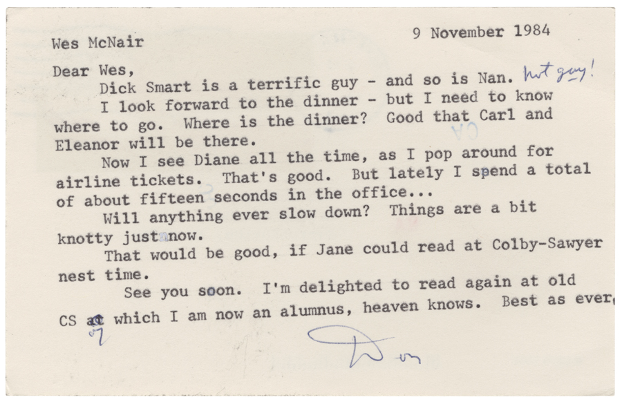 Letter from Hall to McNair, November 9, 1984, Page 1, Colby College Special Collections
