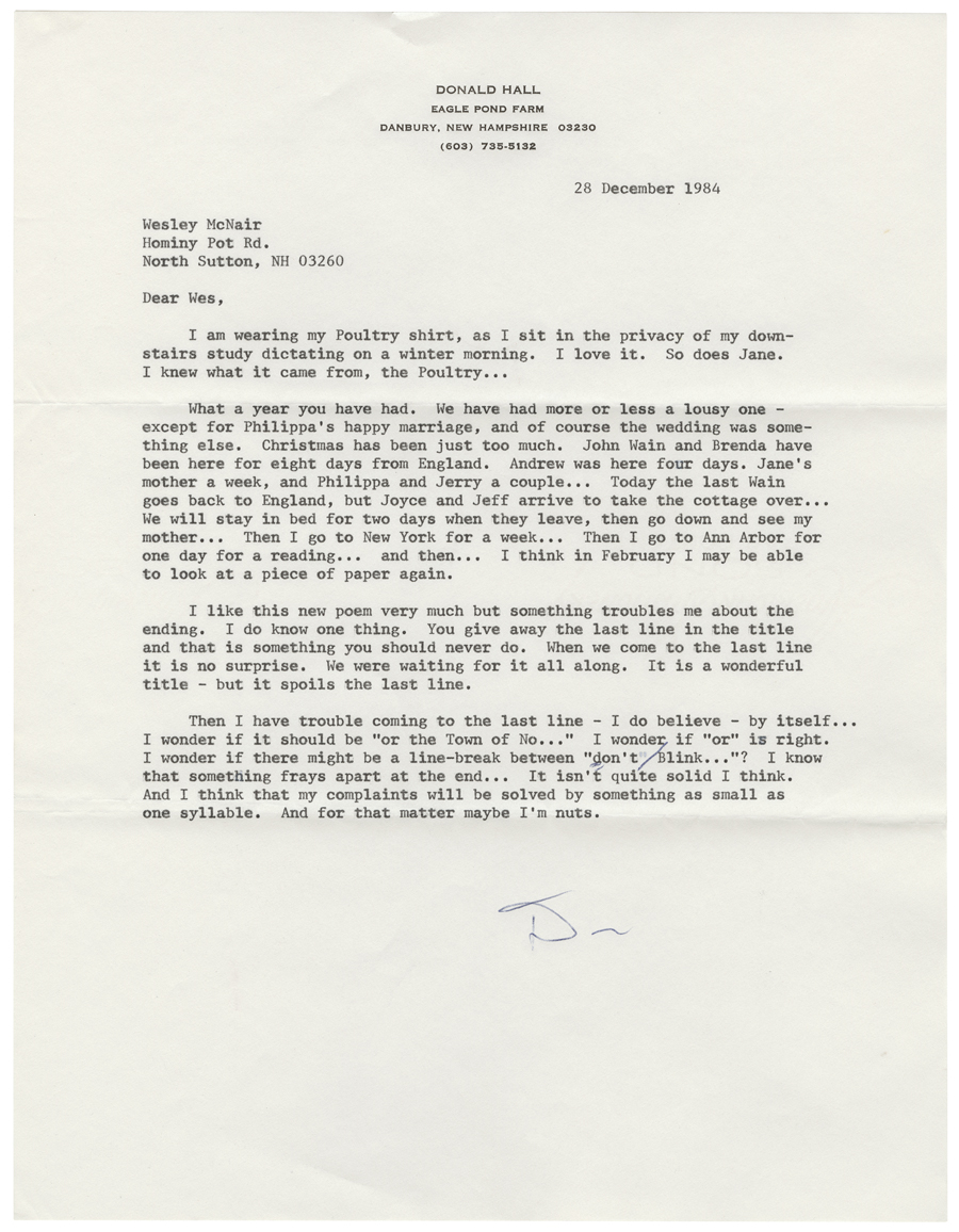 Letter from Hall to McNair, December 28, 1984, Colby College Special Collections