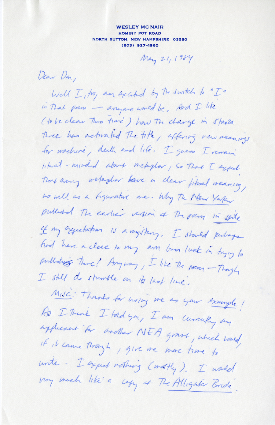Letter from McNair to Hall, May 21, 1984, Page 1, Milne Special Collections and Archives, University of New Hampshire