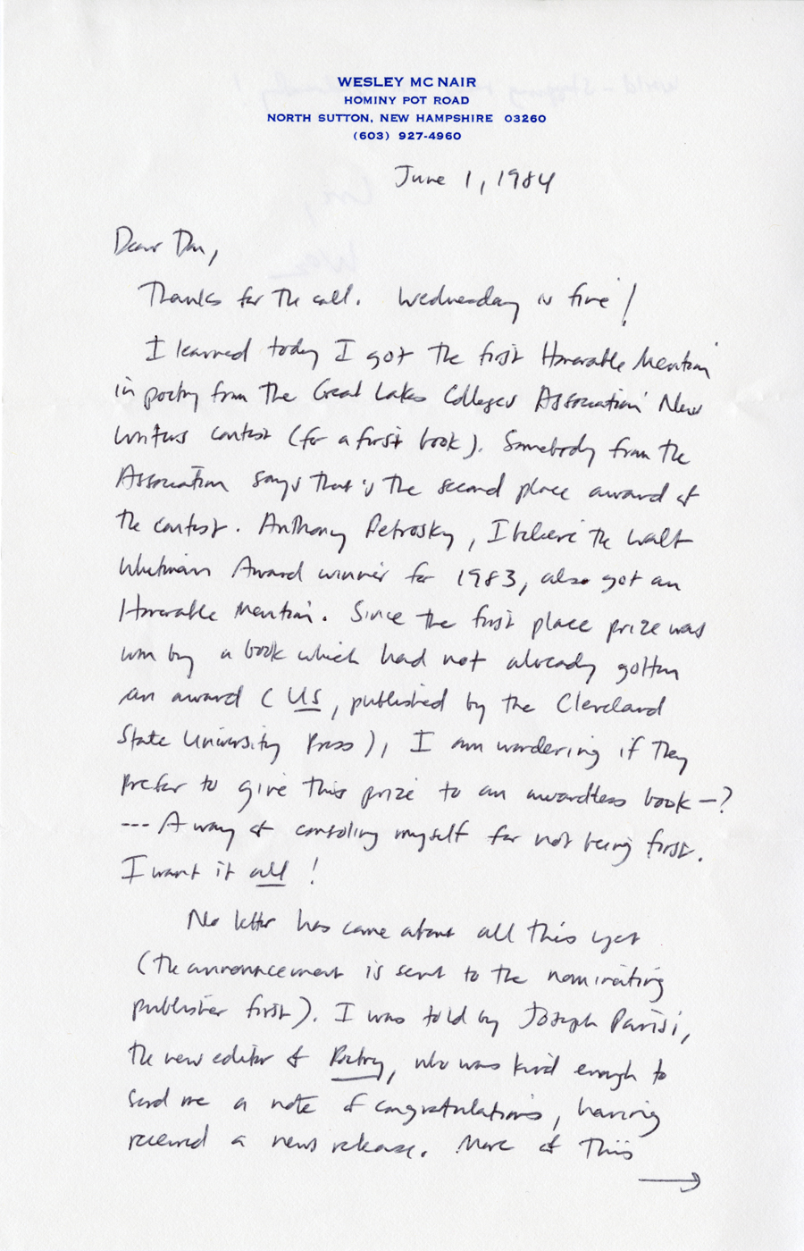 Letter from McNair to Hall, June 1, 1984, Page 1, Milne Special Collections and Archives, University of New Hampshire
