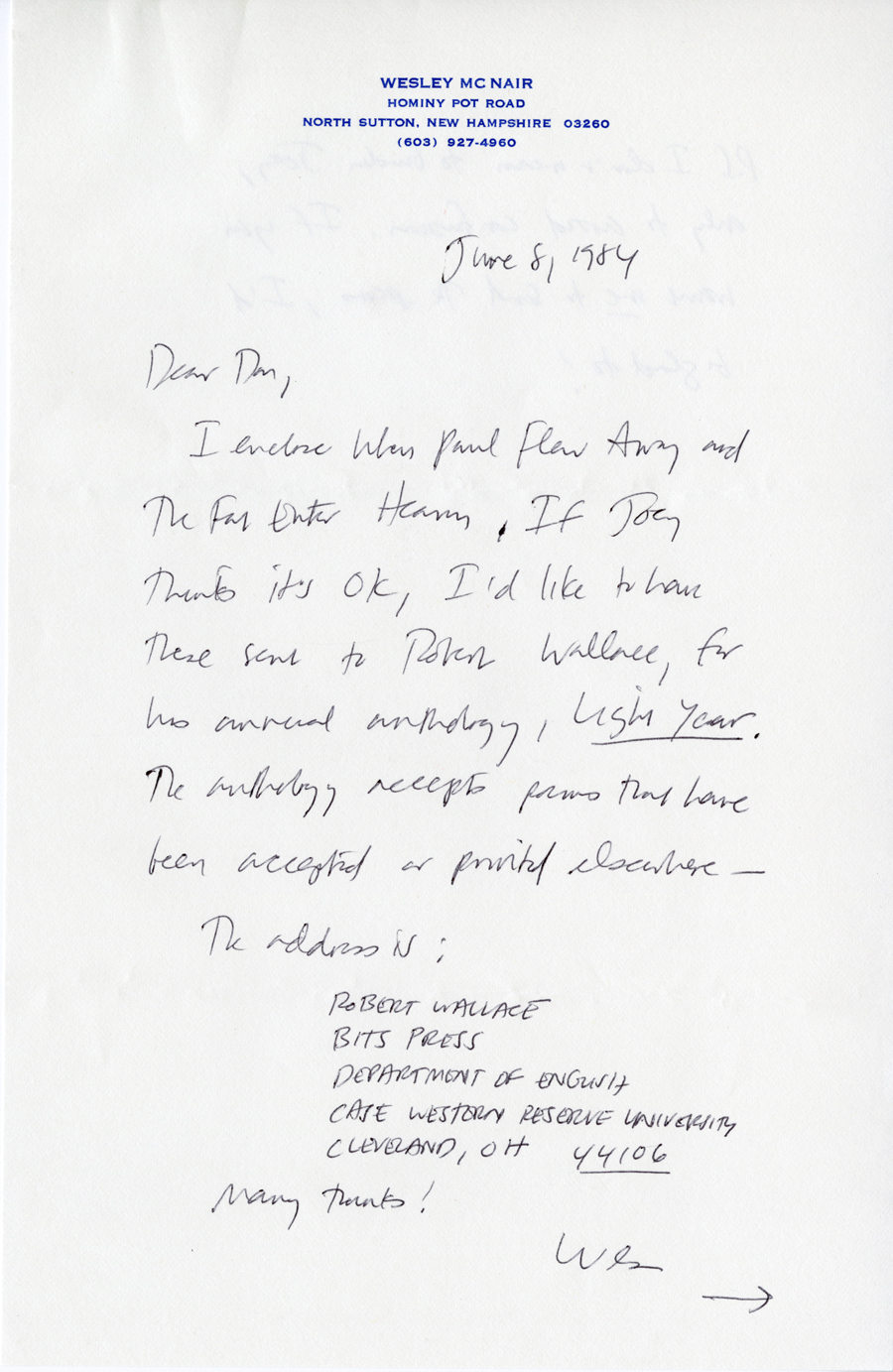 Letter from McNair to Hall, June 8, 1984, Page 1, Milne Special Collections and Archives, University of New Hampshire